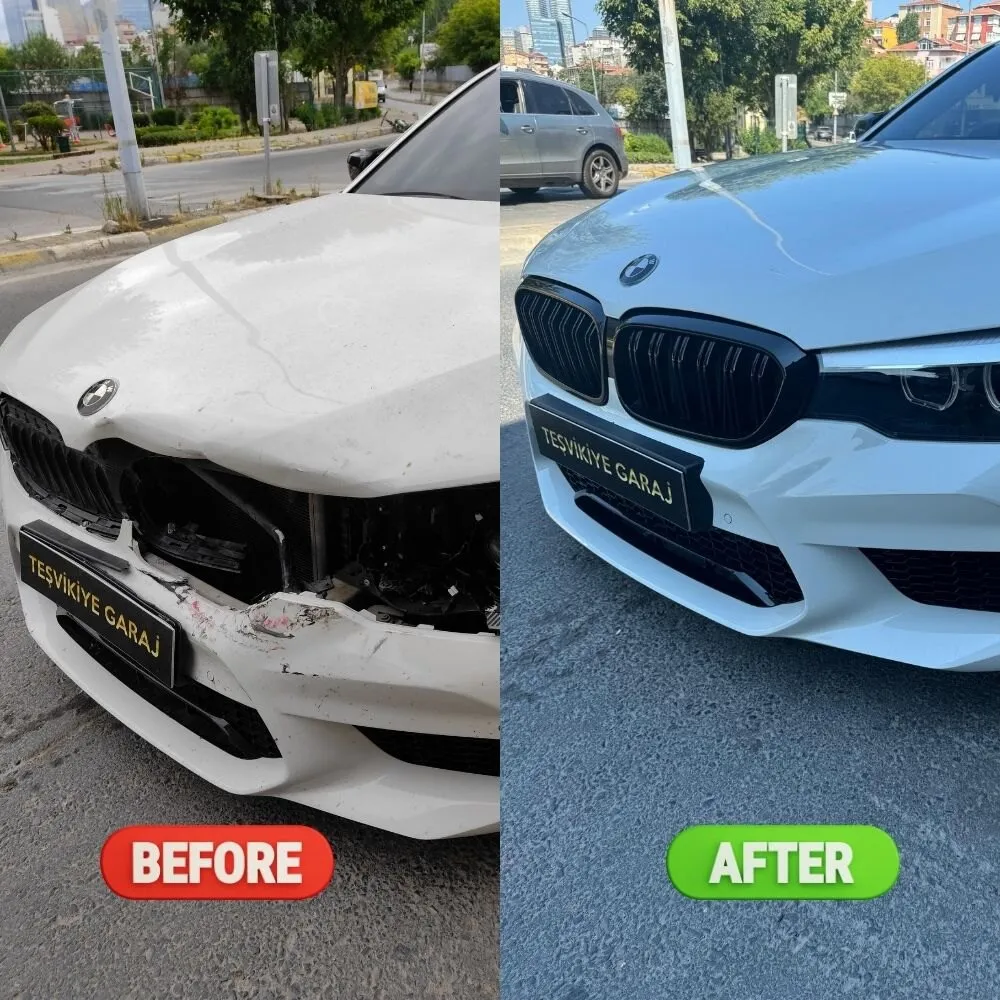 BMW ön tampon hasarının onarımı — öncesi ve sonrası