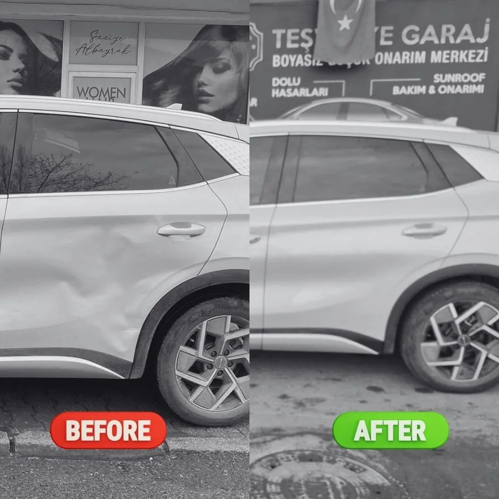 SUV yan panel göçüğünün boyasız düzeltilmesi — öncesi ve sonrası