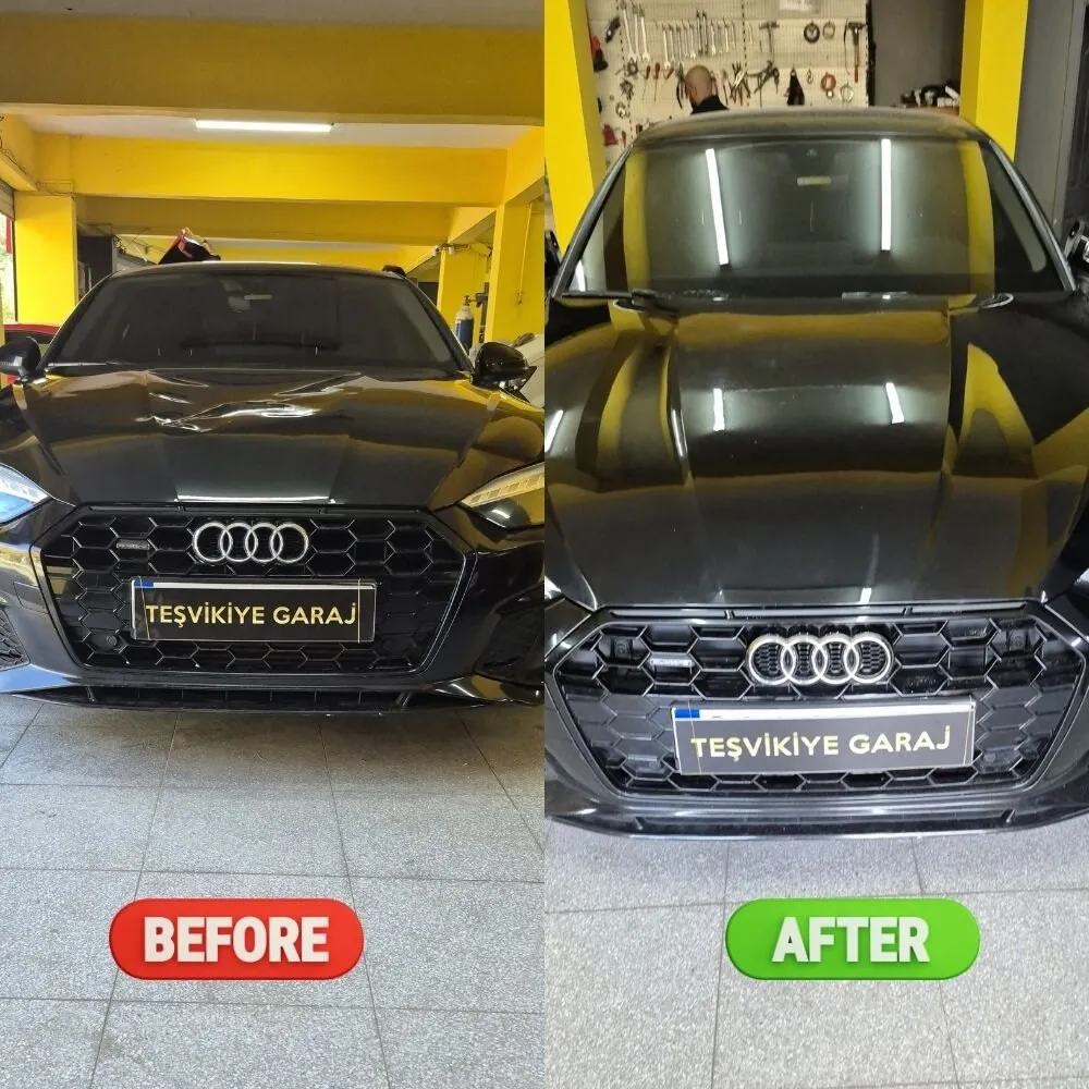 Audi kaput göçüğünün boyasız düzeltilmesi — öncesi ve sonrası