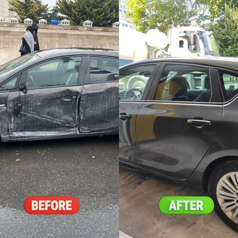 Sedan yan panel hasarının onarımı — öncesi ve sonrası